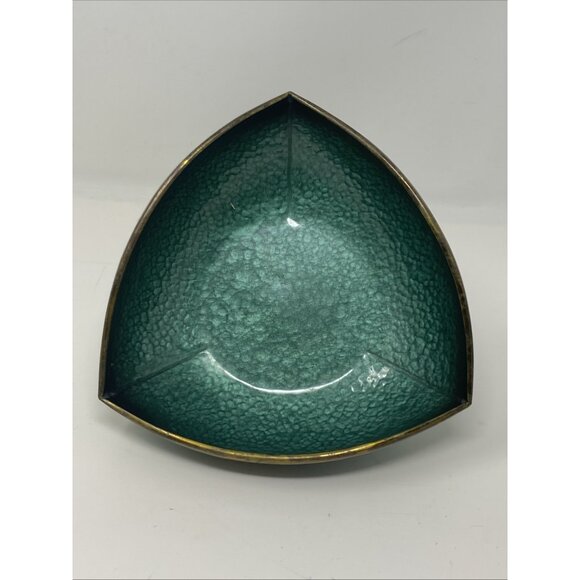Vintage MCM Oppenheim Teal Green Enamel Triangular Footed Bowl Gold Brass Israel - Picture 7 of 9